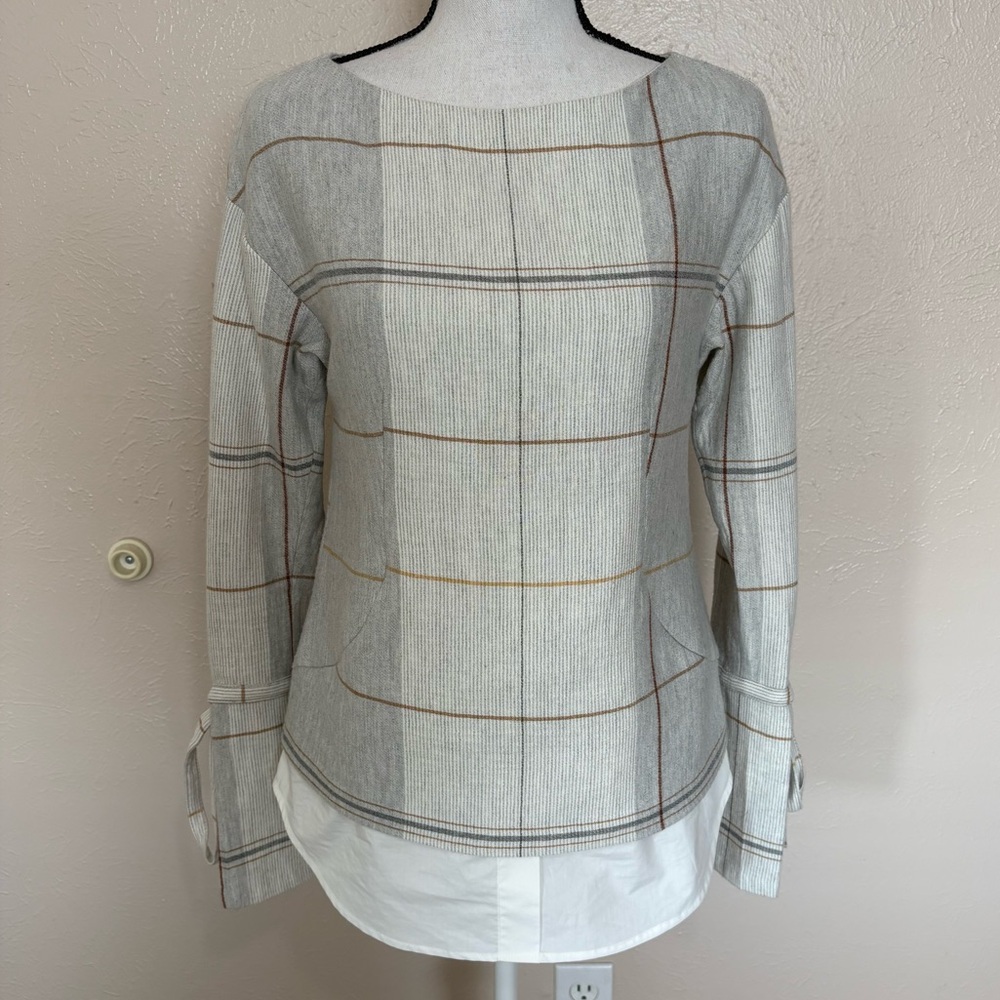 Derek Lam 10 Crosby Grey Plaid Wool Blend Long Sleeve Shirttail Blouse Size 0